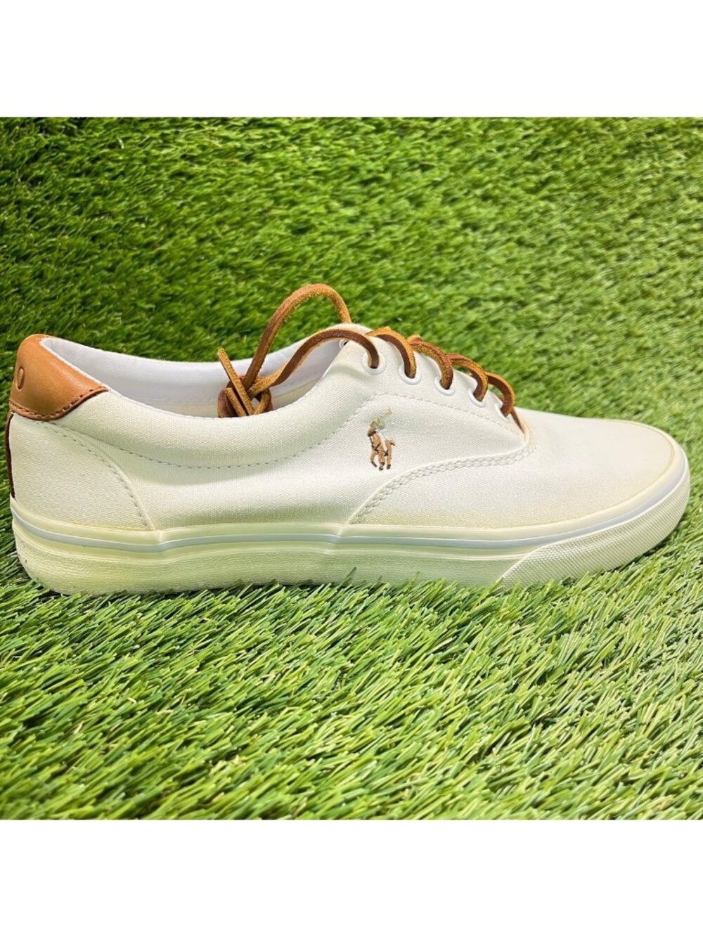 Polo Ralph Lauren Thorton Mens Size 8 White Brown Athletic Canvas Shoes Sneakers